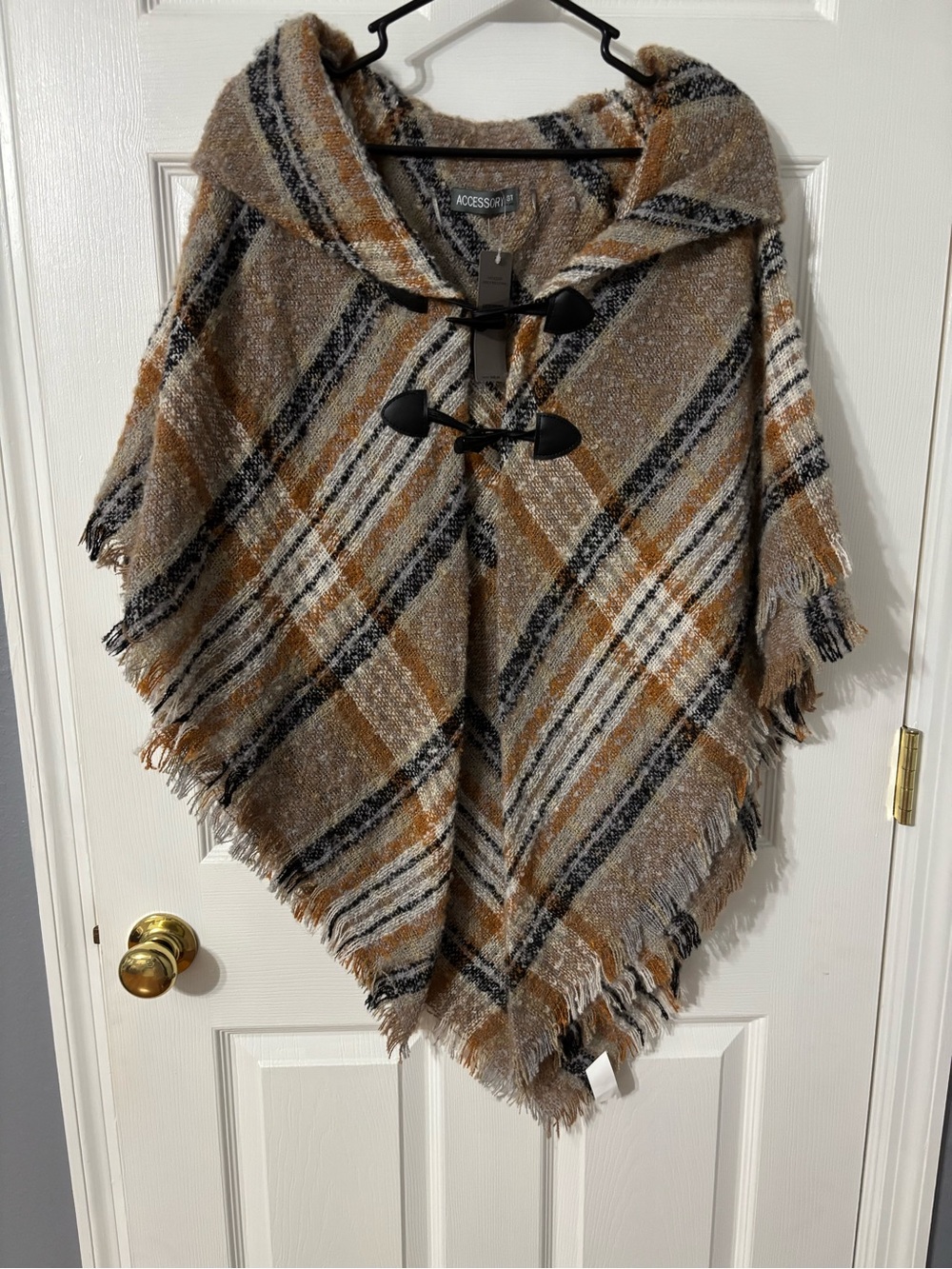 Accessorize Grey Neutral Plaid Hooded Poncho with Toggle Closures